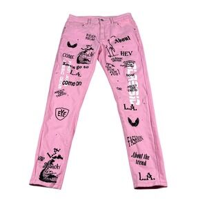 Manfinity Mens Pink Graphic Print Jeans L.A. Fashion Streetwear Slim Fit Small